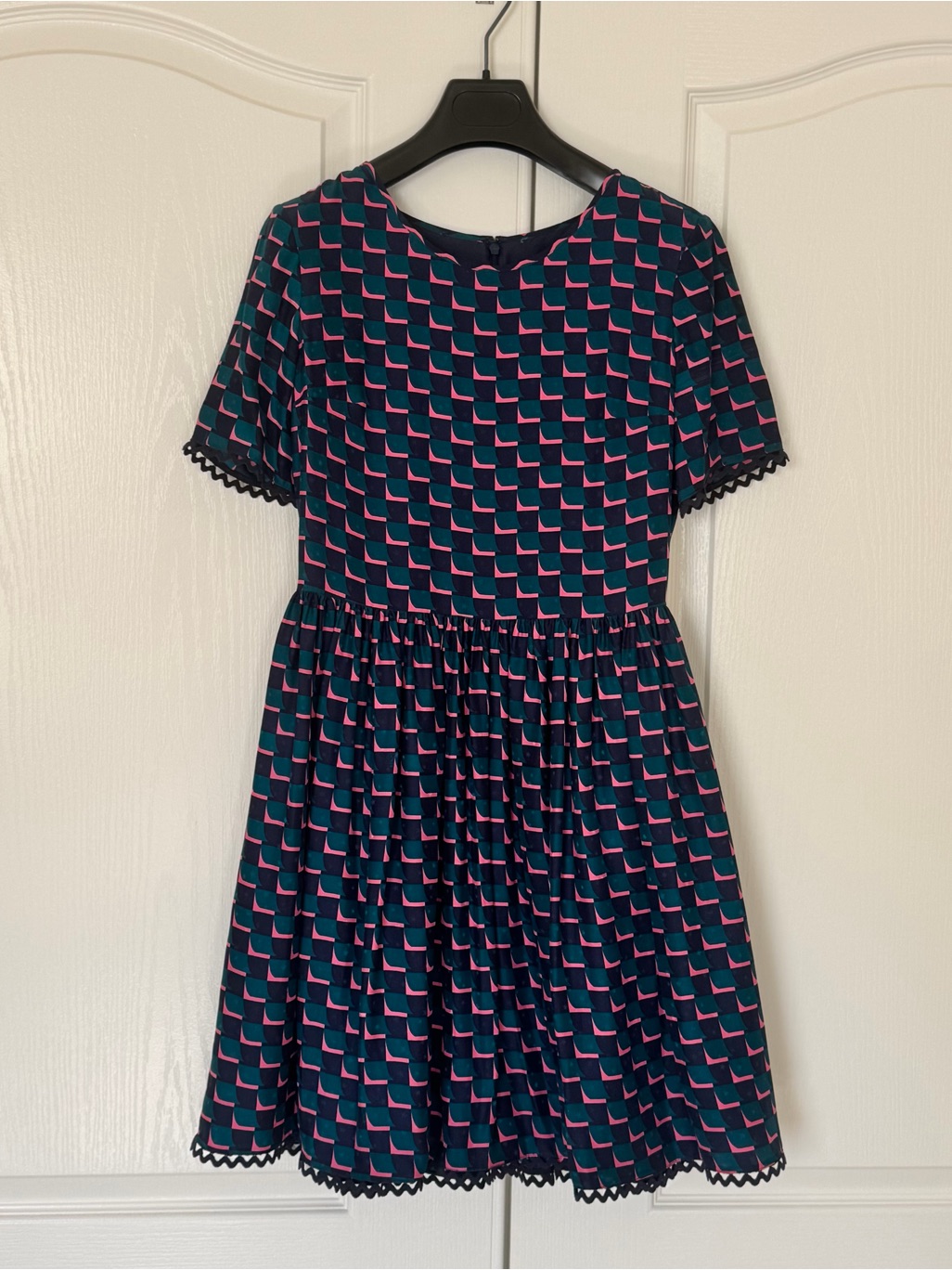 Kenzo Silk Jacquard Dress - Midnight Blue With Pink & Teal Geometric Print Fr 36